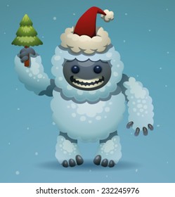 Cute Yeti with Christmas tree, vector