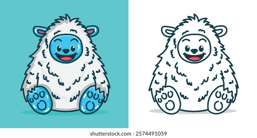 A cute yeti doll cartoon illustration for a sticker, design element, or coloring book element