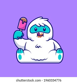 Cute Yeti Eating Ice Cream Cartoon Vector Icon Illustration. Animal Food Icon Concept Isolated Premium Vector. Flat Cartoon Style