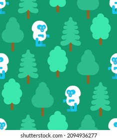 Cute Yeti In Forest Pattern Seamless. Small Bigfoot Cartoon Background. Baby Fabric Texture