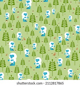 Cute Yeti In Forest Pattern Seamless. Small Bigfoot Cartoon Background. Baby Fabric Texture