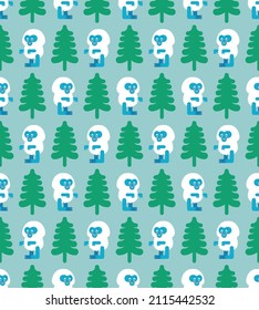 Cute Yeti In Forest Pattern Seamless. Small Bigfoot Cartoon Background. Baby Fabric Texture