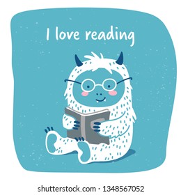 Cute yeti with glasses reading a book. Text, I love reading. Vector illustration in cartoon style. 