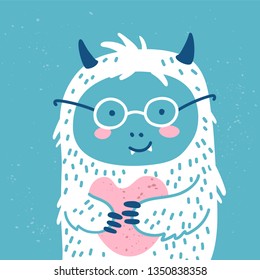 Cute yeti hugs heart. Valentine's Day poster. Vector illustration in cartoon style.