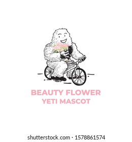 Cute yeti mascot character ride bicycle bring pink  flower bouquet vector design concept