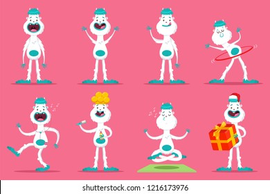 Cute Yeti monster set. Vector cartoon character of funny bigfoot with different emotions and and actions isolated on background.