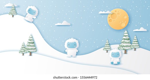 Cute yeti with mountains on background,Merry Christmas and Happy New Year,Paper art design and craft style