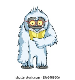 Cute Yeti Reading A Book. Vector Illustration Isolated On White Background