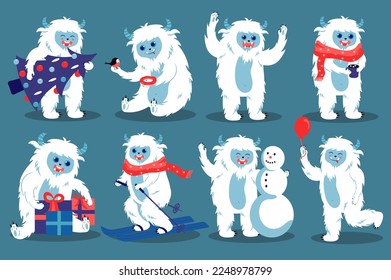 Cute Yeti set icons concept without people scene in the flat cartoon design. Yeti monster is playing winter games and preparing for Christmas. Vector illustration.