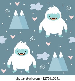 Cute Yeti And Snow Pattern On Blue Background