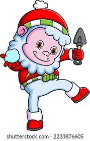 Cute yeti wearing santa costume playing snowball of illustration