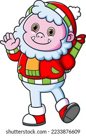 Cute yeti wearing santa costume and hiding a gift of illustration