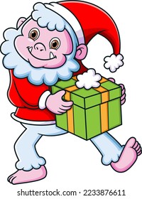 Cute yeti wearing santa costume and carrying a gift box of illustration