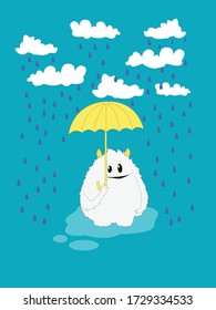 Cute yeti and white monster with the yellow umbrella in the rain on the blue background