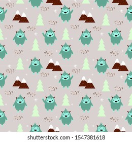 cute yeti  in the woodlands seamless pattern