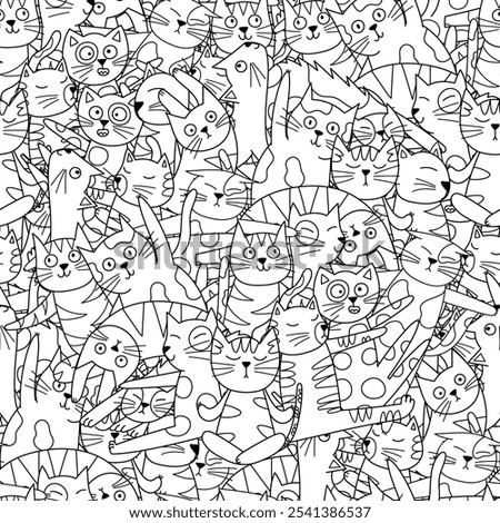 Cute yoga cats black and white seamless pattern for kids. Funny feline characters in different yoga poses coloring page. Outline background. Vector illustration