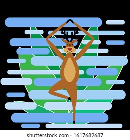 Cute yoga deer on blue lines and leaves in flat style isolated on black background. Stock vector illustration for decoration and design, packaging, fabrics, posters, postcards, web pages, banners 