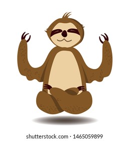 Cute yoga instructor sloth meditating in yoga lotus pose teaching to stay calm and relaxed. Humorous motivational poster or card illustration of a funny three-toed brown sloth chilling in yoga class.