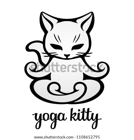 Cute yoga kitty. Black and white cat sits in the traditional lotus pose and meditates for Zen. Funny ink pet floats over calligraphic inscription. Vector logo for yoga clubs or veterinary clinics.