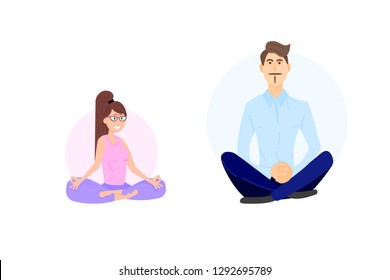 Cute yoga and meditation illustration in flat style. Young man and woman couple meditating in lotus pose.