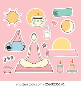 Cute Yoga Vector Clip Art Set of Elements - Kawaii Style