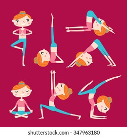 Cute yogi girl. Set of isolated vector illustrations with different yoga poses on a colored background.