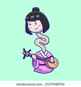 Cute Yokai Ghost Playing A Accoustic Guitar Cartoon Vector Illustration. String Instrument Accoustic Guitar Concept. Flat Cartoon Outline Style.