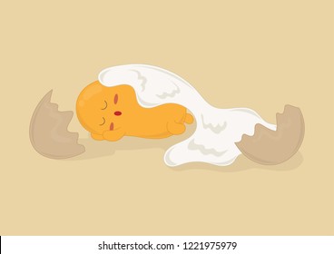 Cute yolk egg sleeping. Yolk egg vector cartoon illustration. Food menu vector cartoon. Cracked eggshell.