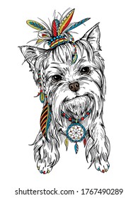 
Cute yorkshire terrier with accessories in ethnic style. Boho style dog sketch. Stylish image for printing on any surface