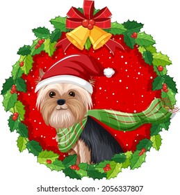 Cute Yorkshire Terrier dog in Christmas wreath isolated illustration