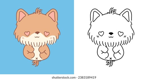 Cute Yorkshire Terrier Dog Clipart Illustration and Black and White. Kawaii Clip Art Puppy. Cute Vector Illustration of a Kawaii Animal for Stickers, Prints for Clothes, Baby Shower. 