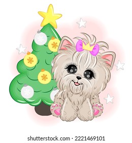 Cute Yorkshire Terrier dog next to a Christmas tree vector illustration