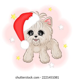 Cute Yorkshire Terrier dog in a Santa Claus hat Christmas vector illustration
