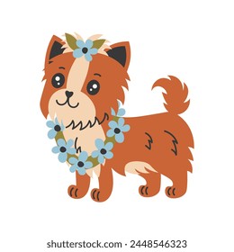 Netter Yorkshire Terrier Hund trägt hawaiianische Blume Lei Kranz Vektorillustration. In: Summertime pet. Cartoon kleiner Welpe mit Sommer-Accessoire. Isoliert auf weißem Hintergrund