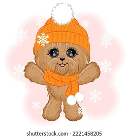 Cute Yorkshire Terrier dog in winter clothes Christmas vector illustration