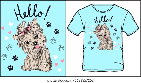 Cute Yorkshire Terrier puppy with pink bow and Hello text on blue background with hearts and paw prints. T-shirt design.
