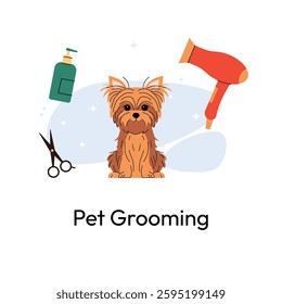 Cute Yorkshire Terrier sitting with grooming tools, including scissors, a hairdryer, and shampoo. The background has sparkles, emphasizing cleanliness and pet care. Vector illustration