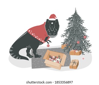 Cute yound T rex dinosaur decorating Christmas tree. Tyrannosaurus Xmas. Winter festive print, vector illustration.