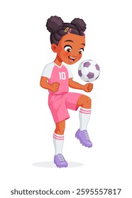 Cute young African American girl in football player uniform kicking ball with a knee. Cartoon vector illustration isolated on white background.