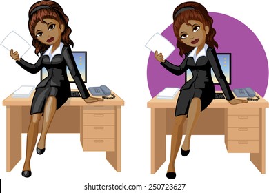 Cute young African American office woman sitting on table vector illustration in cartoon style 