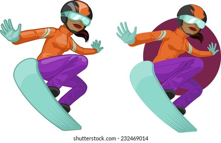 Cute young African American woman on snowboard vector illustration in cartoon and flat design style