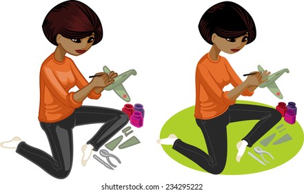 Cute young African American woman  hobbyist  painting an airplane model vector illustration in cartoon and flat design style