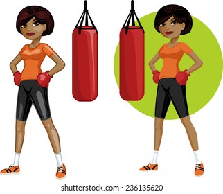 Cute young African American woman boxer vector illustration in cartoon and flat design style