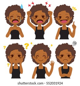 Cute young African American Woman set with six different expressions