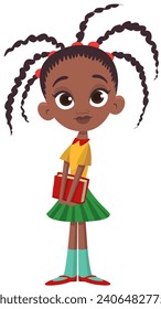 Cute young african, indian or arab  girl holding a book. Vector cartoon  
illustration of a teenager school student. Outlined.