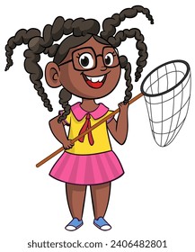 Cute young african, indian or arab girl with butterfly net. Vector cartoon  
illustration of a teenager in casual street clothes presenting. Outlined.