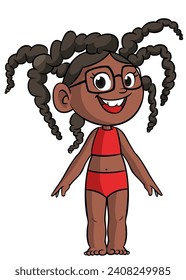 Cute young african, indian or arab girl in swimming suit. Vector cartoon  
illustration of a teenager in casual street clothes presenting. Outlined.