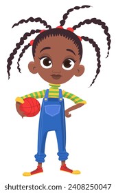 Cute young african, indian or arab girl basketball player. Vector cartoon  
illustration of a teenager in casual street clothes presenting. Outlined.