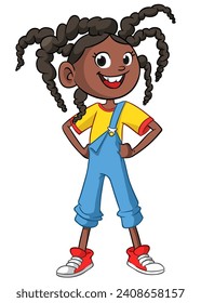 Cute young african, indian or arab girl waving and smiling. Vector cartoon  
illustration of a teenager in casual street clothes presenting. Outlined.