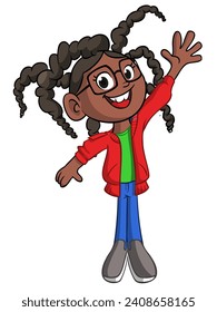 Cute young african, indian or arab girl with dreadlocks jumping. Vector cartoon  
illustration of a teenager in casual street clothes.